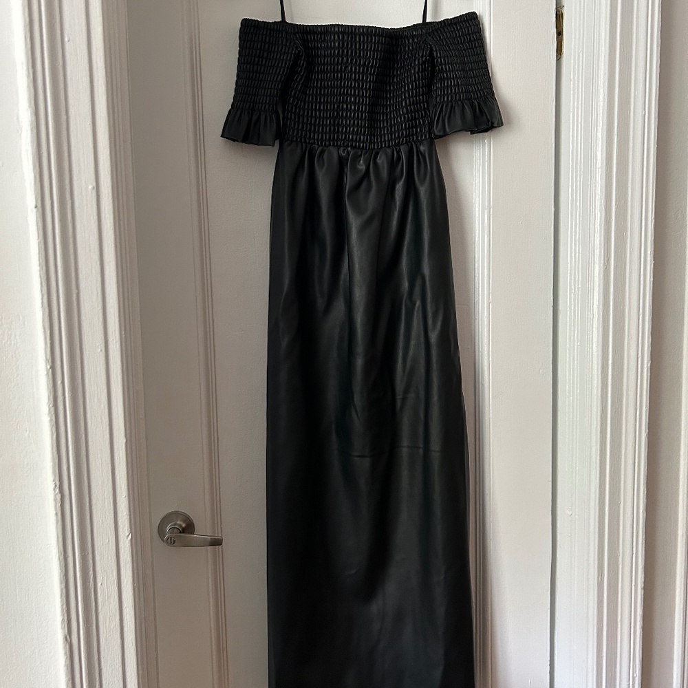 NWT Staud Mae Black Vegan Leather Off-the-Shoulder Maxi Dress